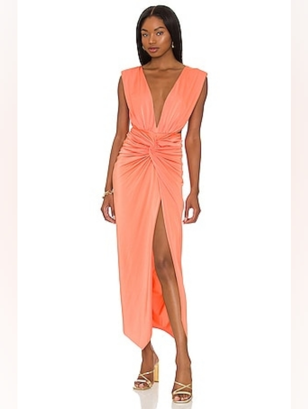Baobab “Mia” Twist Front Midi Dress Sandia Orange Cutout Slit Bodycon S